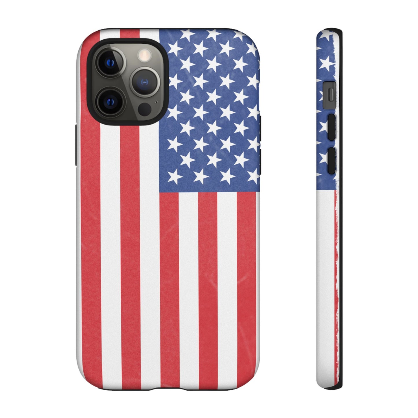 Durable American flag phone case for iPhone by Printify, featuring a patriotic design and rugged protective material.