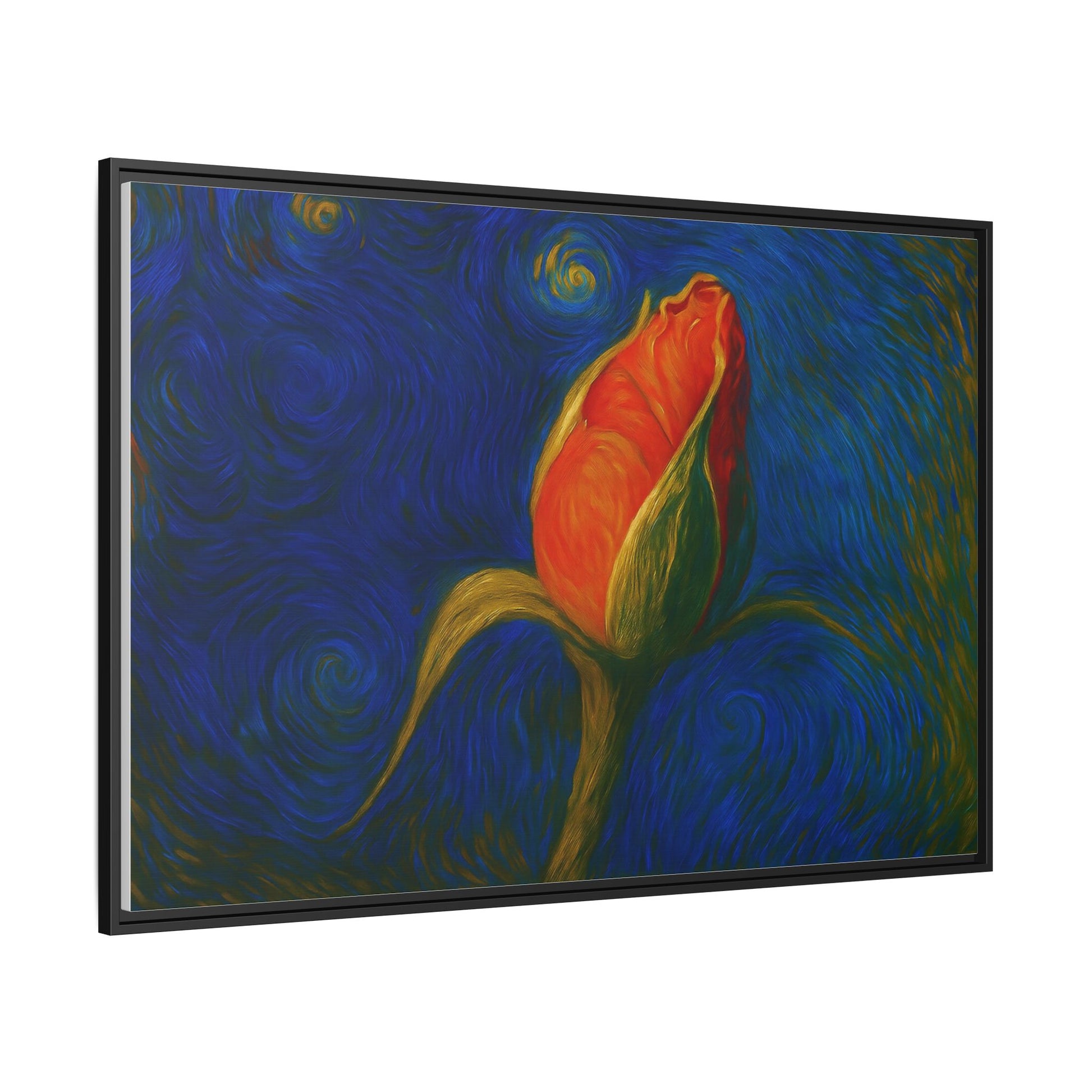Red rose bud painting on framed canvas wall art by Printify, featuring a beautiful matte floral design.