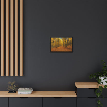 Autumn forest path matte canvas framed wall art by Printify showcasing a scenic fall landscape with trees and a walking trail.