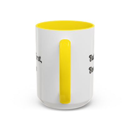 Printify "But First, Books" coffee mug featuring a book lover design in 11oz and 15oz sizes, ceramic mug with printed text.