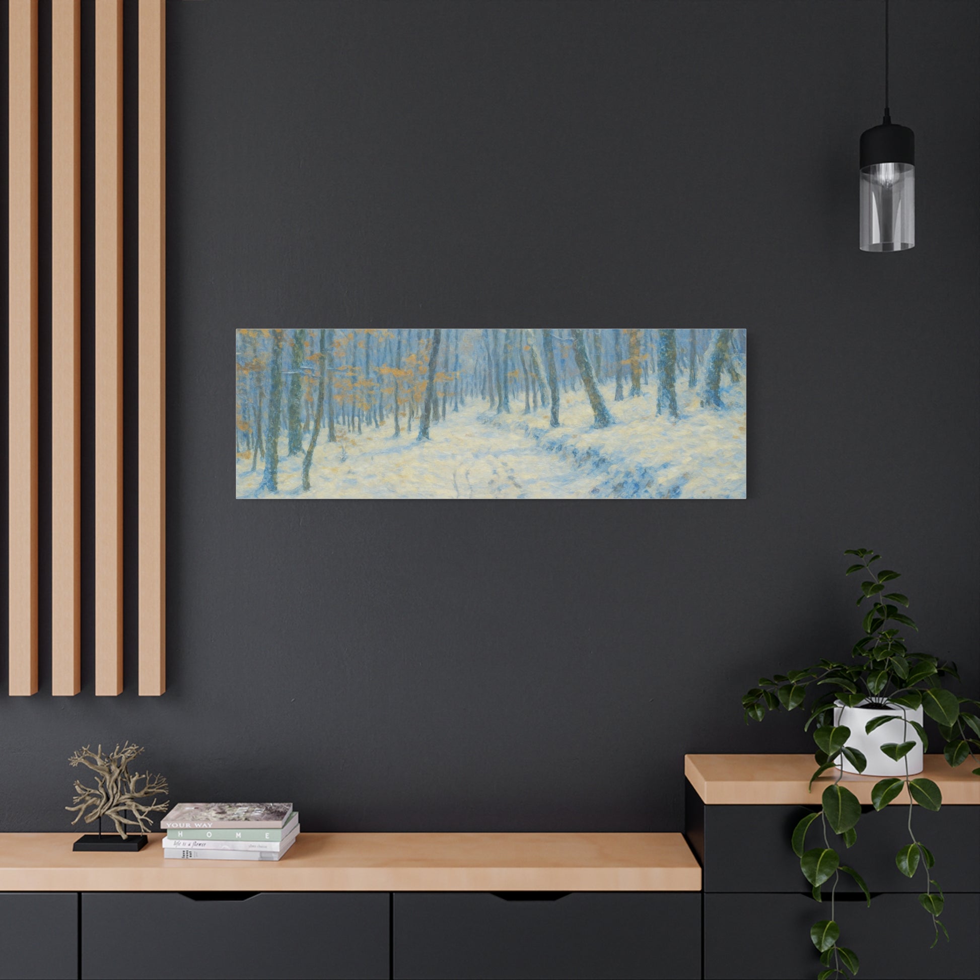 Winter Woodland Canvas Print by Printify featuring a snowy forest scene on matte stretched canvas wall art.