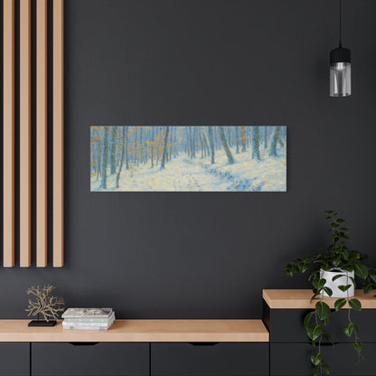 Winter Woodland Canvas Print by Printify featuring a snowy forest scene on matte stretched canvas wall art.