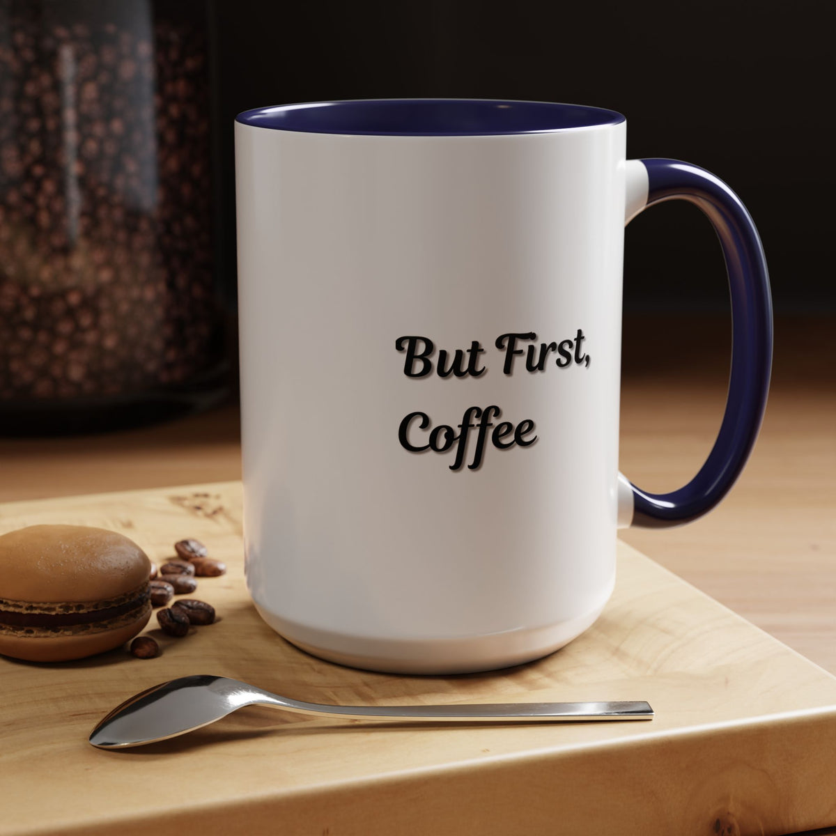 Black handle and rim coffee mug with "But First Coffee" print, 11oz capacity, by Printify.