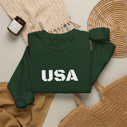 Printify USA crewneck sweatshirt with patriotic design, cozy fit, perfect for all seasons, featuring stars and stripes.