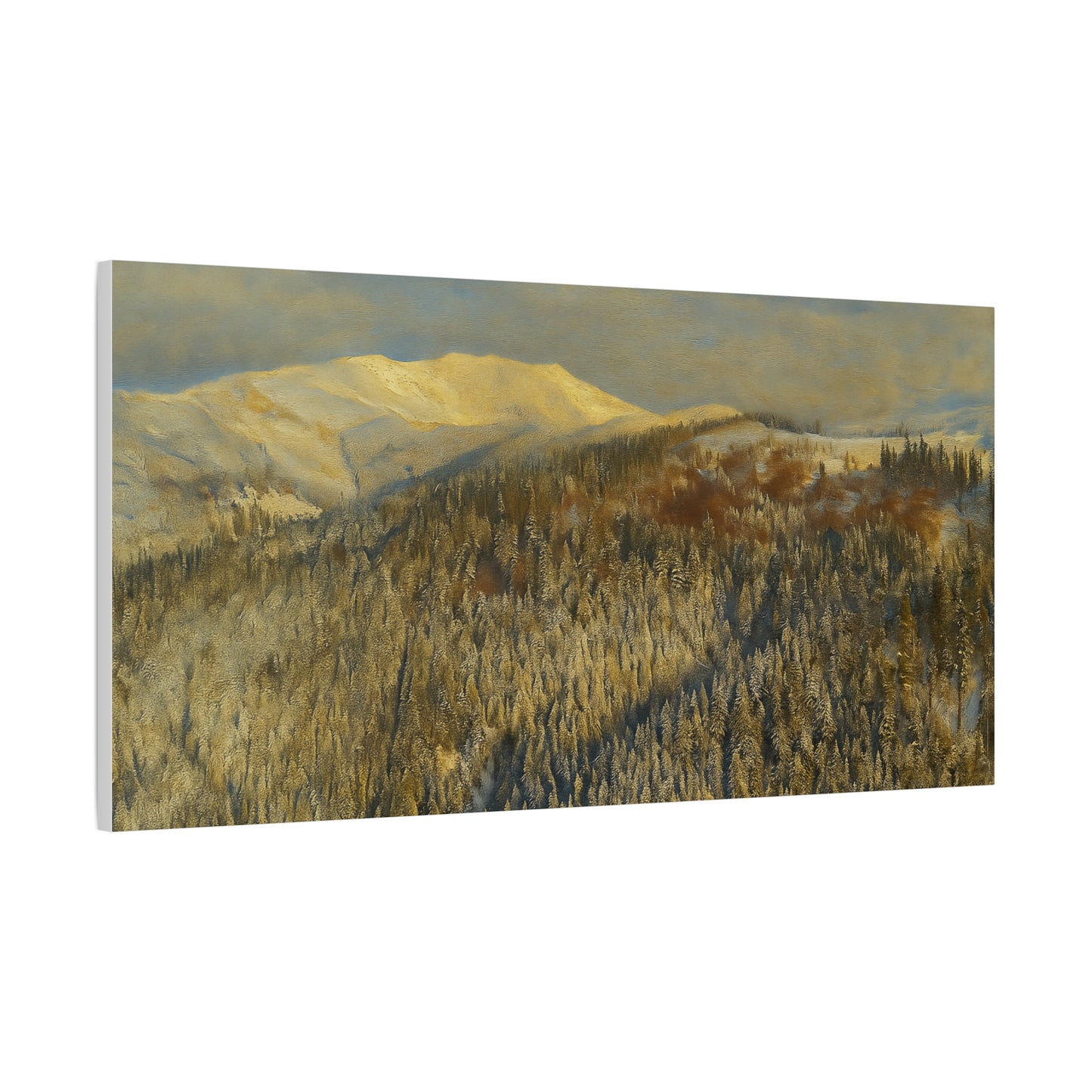 Winter mountain landscape matte canvas print by Printify, stretched 1.25 inches, featuring snowy peaks and scenic wilderness.