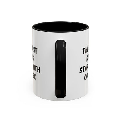 Ceramic coffee mug with "The Best Days Start With Coffee" text, 11oz size, white with black lettering, Printify brand.
