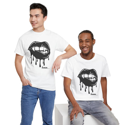 Graphic T-shirt by Printify featuring a dripping lips 'hmm...' bite design in bold black and white print.