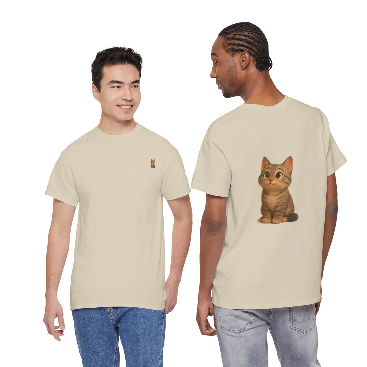 Cute brown kitten graphic T-shirt for cat lovers, featuring a playful design on a comfortable Printify T-shirt.