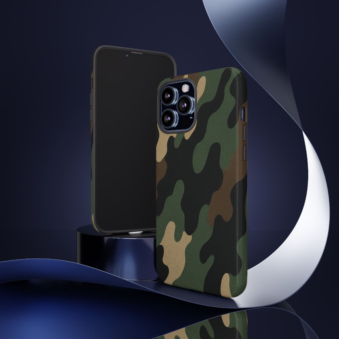 Rugged military green Printify camo tough phone case with protective design on a smartphone.