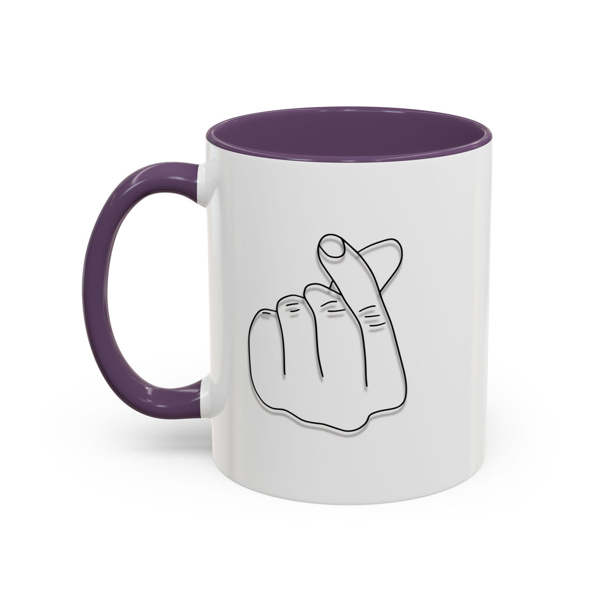 White ceramic coffee mug with minimal Korean finger heart accent design, available in 11oz and 15oz sizes.