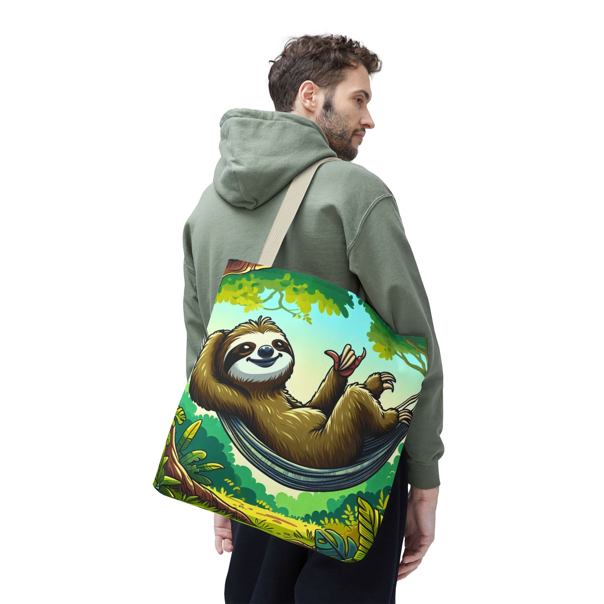 Eco-friendly sloth tote bag featuring a cute sloth design, perfect for animal lovers, made by Printify.