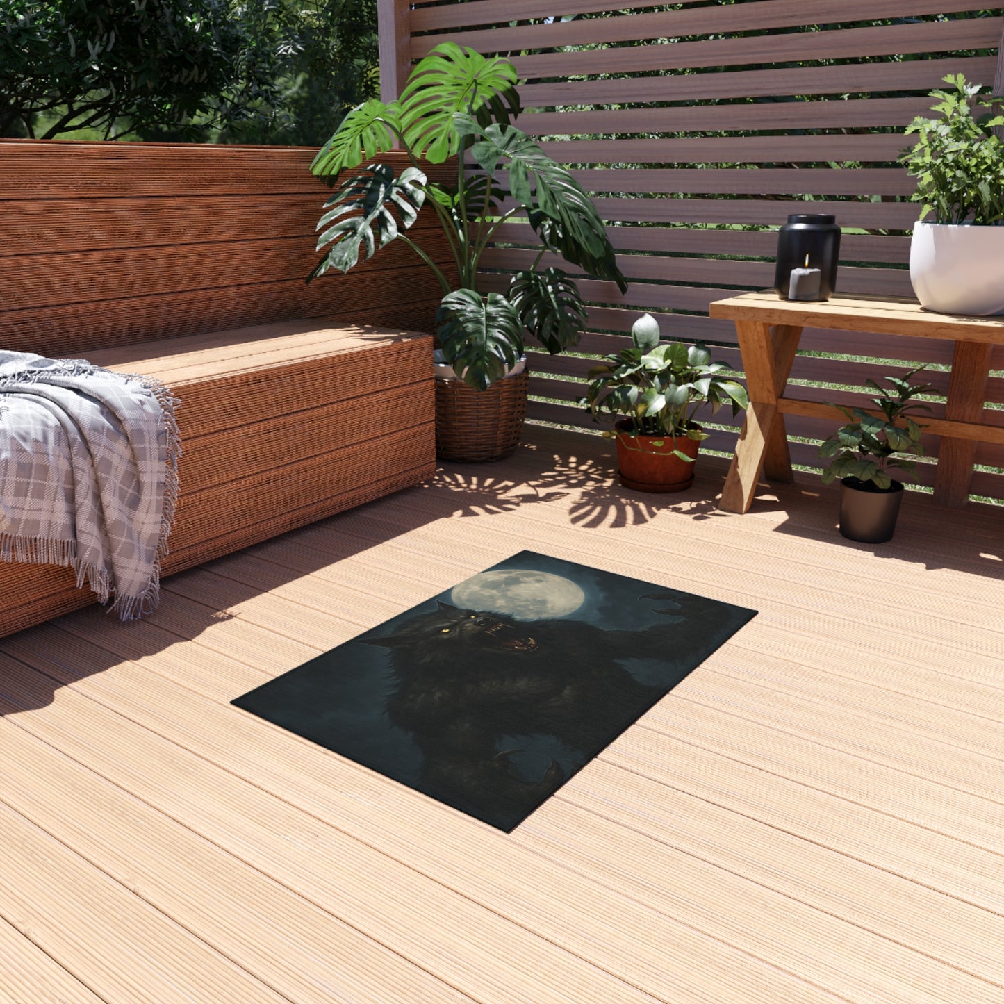Werewolf Moon outdoor rug featuring a spooky full moon design, perfect for horror-themed patios and outdoor spaces.