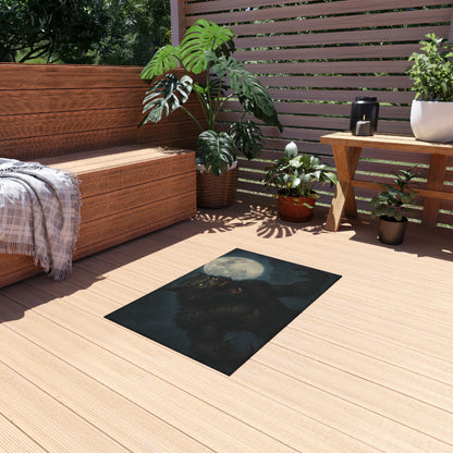 Werewolf Moon outdoor rug featuring a spooky full moon design, perfect for horror-themed patios and outdoor spaces.