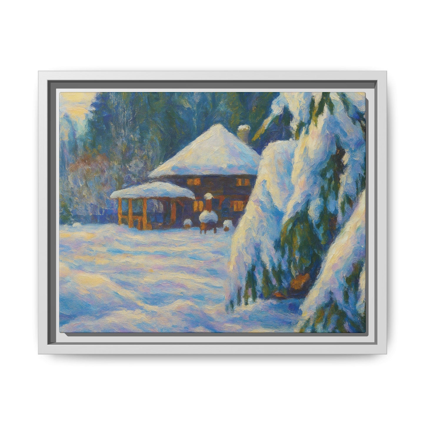Framed matte canvas wall art of a snowy cabin winter landscape, featuring a cozy cabin surrounded by snow and trees.