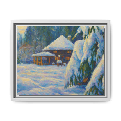 Framed matte canvas wall art of a snowy cabin winter landscape, featuring a cozy cabin surrounded by snow and trees.