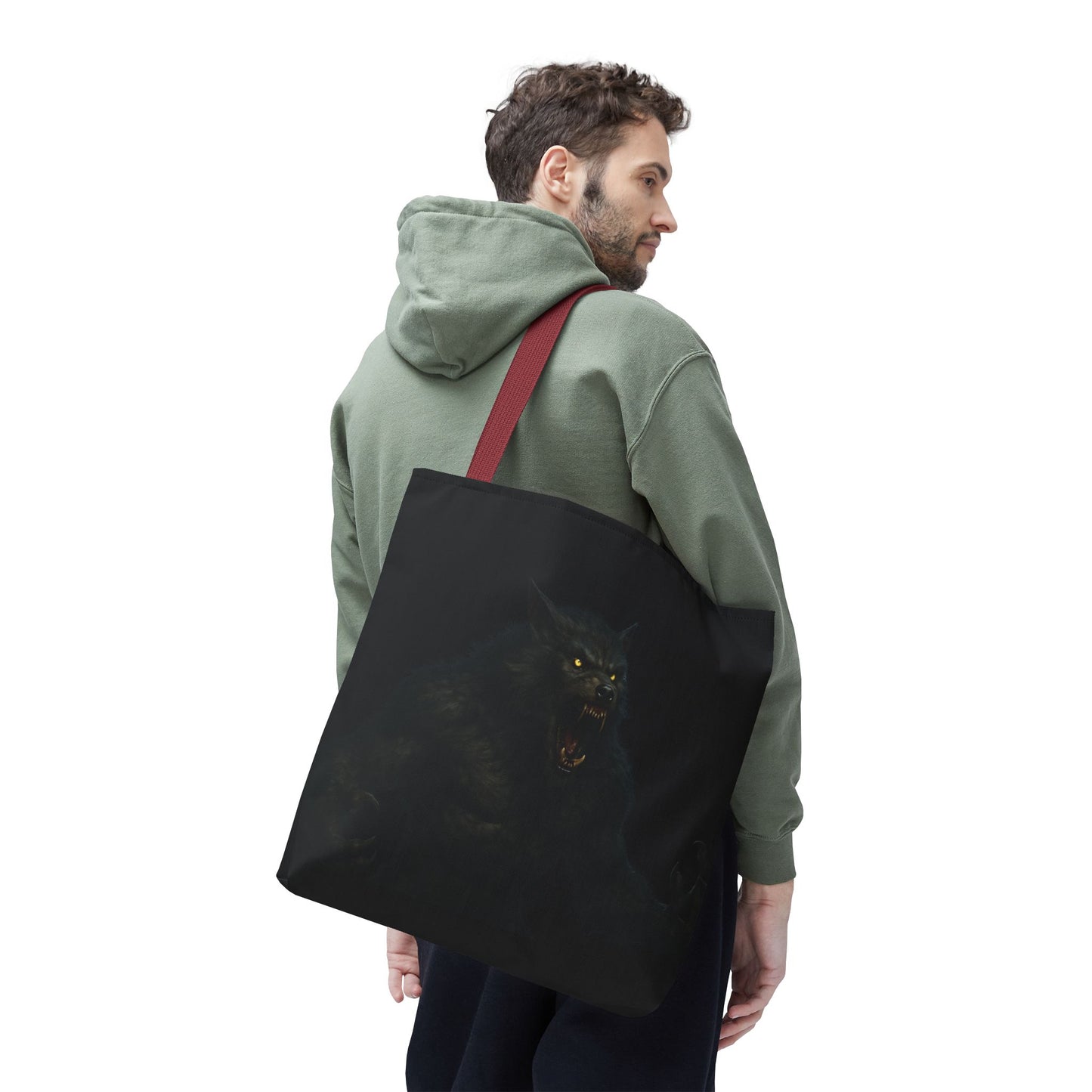 Werewolf tote bag by Printify featuring dark Halloween art, perfect gift for horror fans, with a spooky werewolf design on fabric bag.