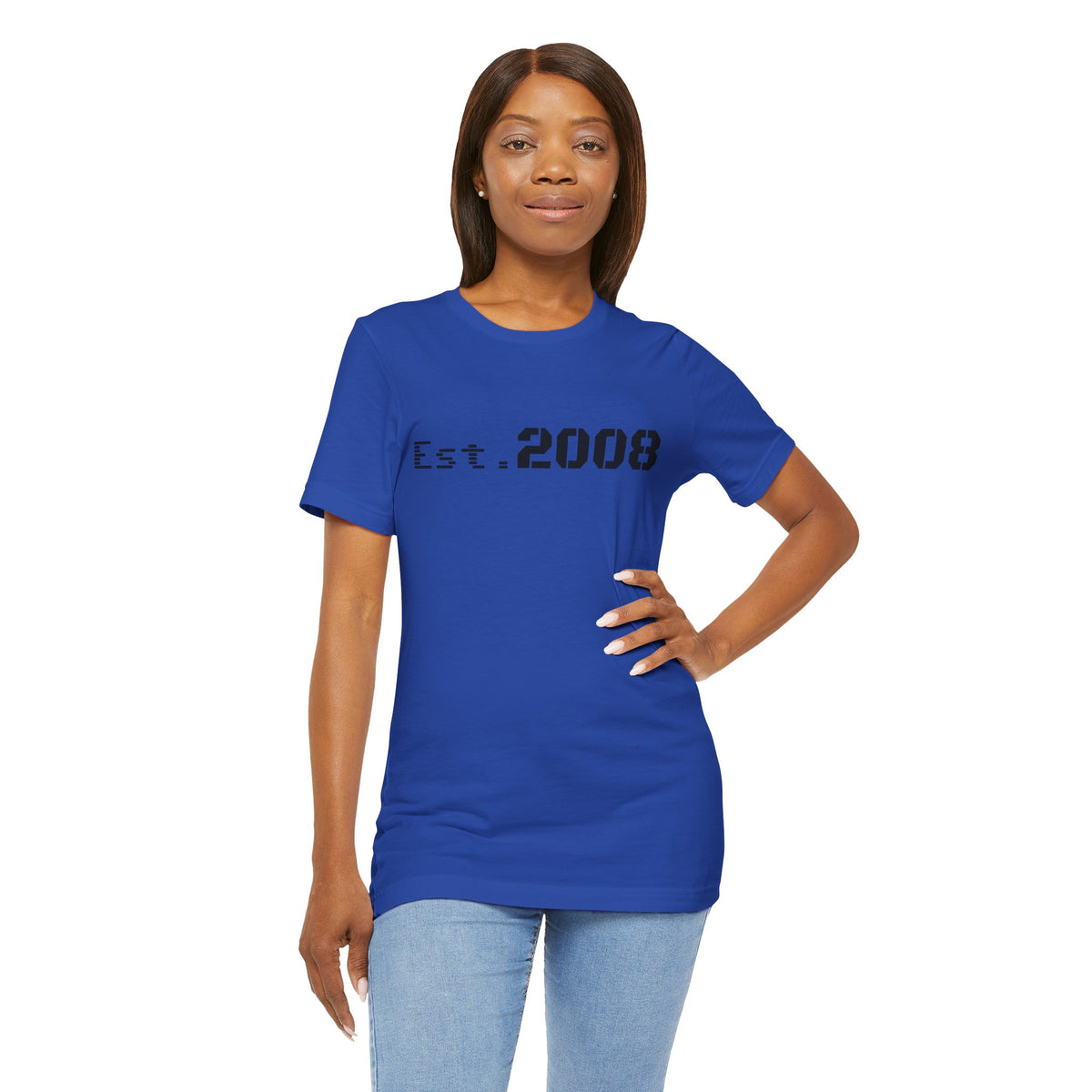Black graphic T-shirt by Printify with "Established 2008" and minimal design printed on front, casual and stylish.
