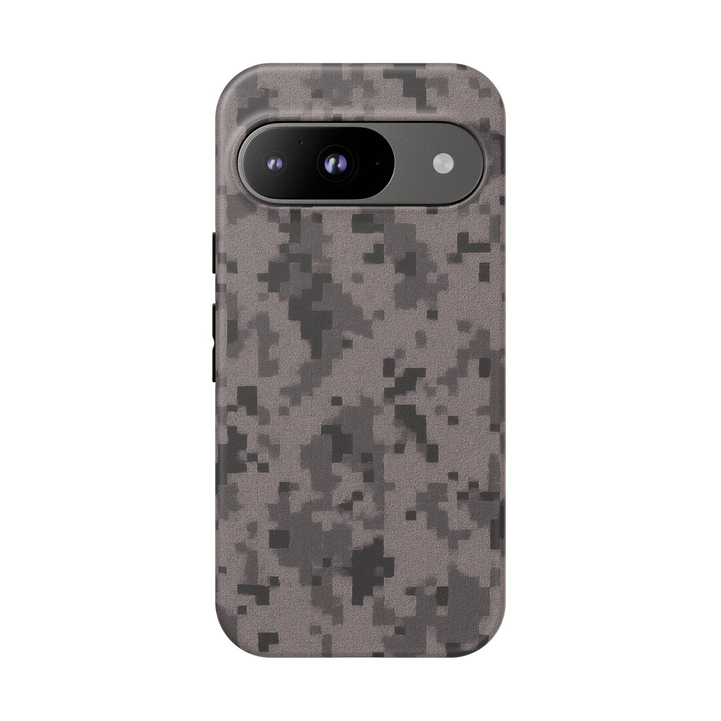 Gray digital camouflage phone case by Printify, rugged protective cover for smartphones with a digital camo pattern.