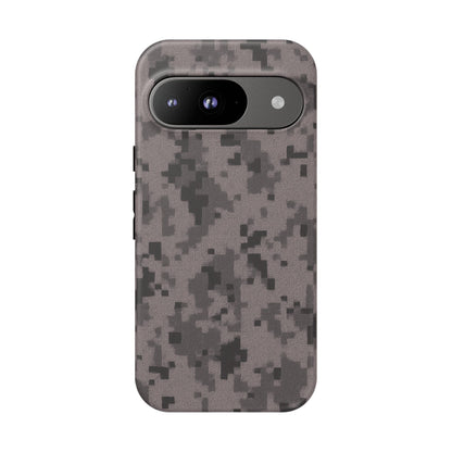 Gray digital camouflage phone case by Printify, rugged protective cover for smartphones with a digital camo pattern.