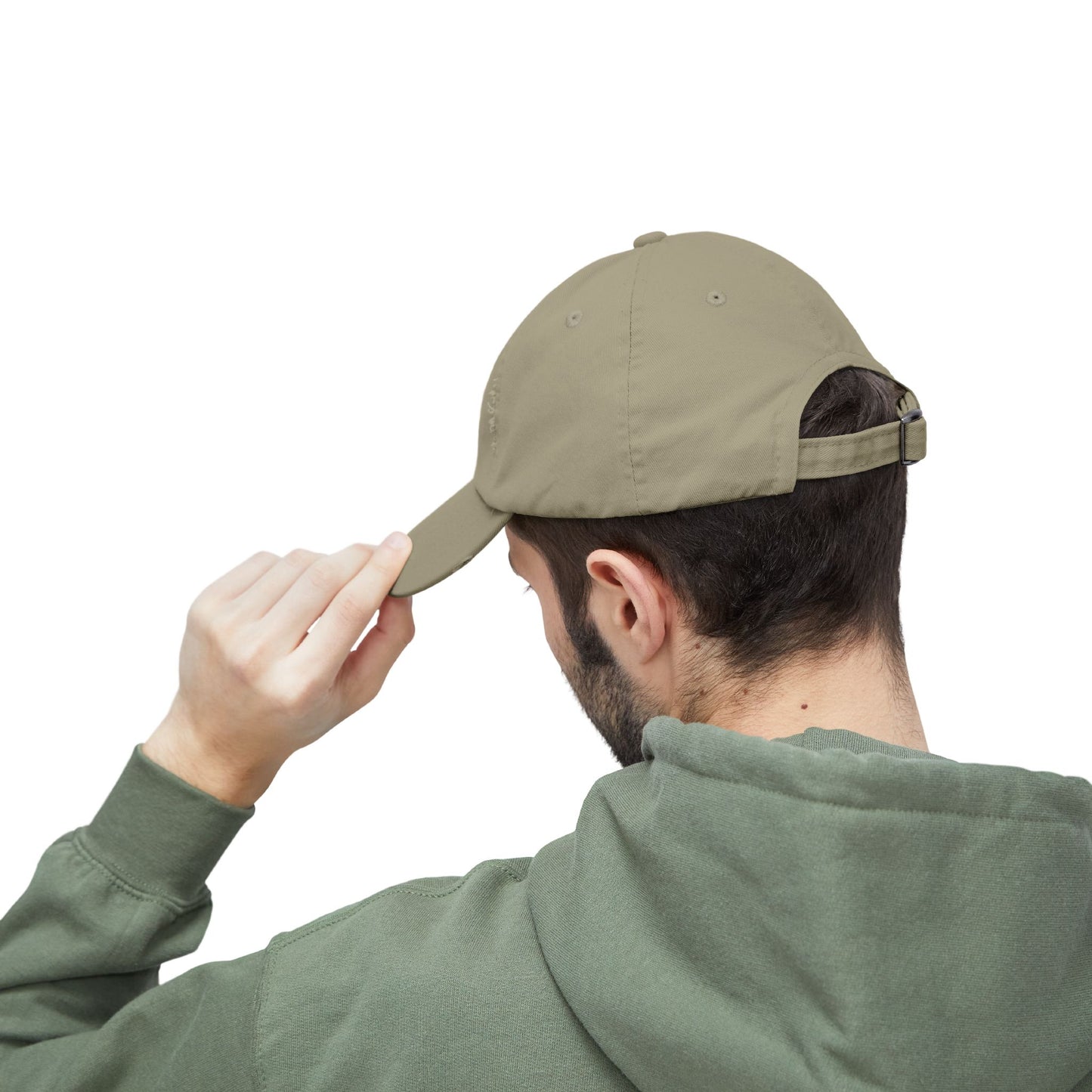 Distressed baseball cap with silhouette batter design, casual hat style, by Printify featuring a worn, vintage look.