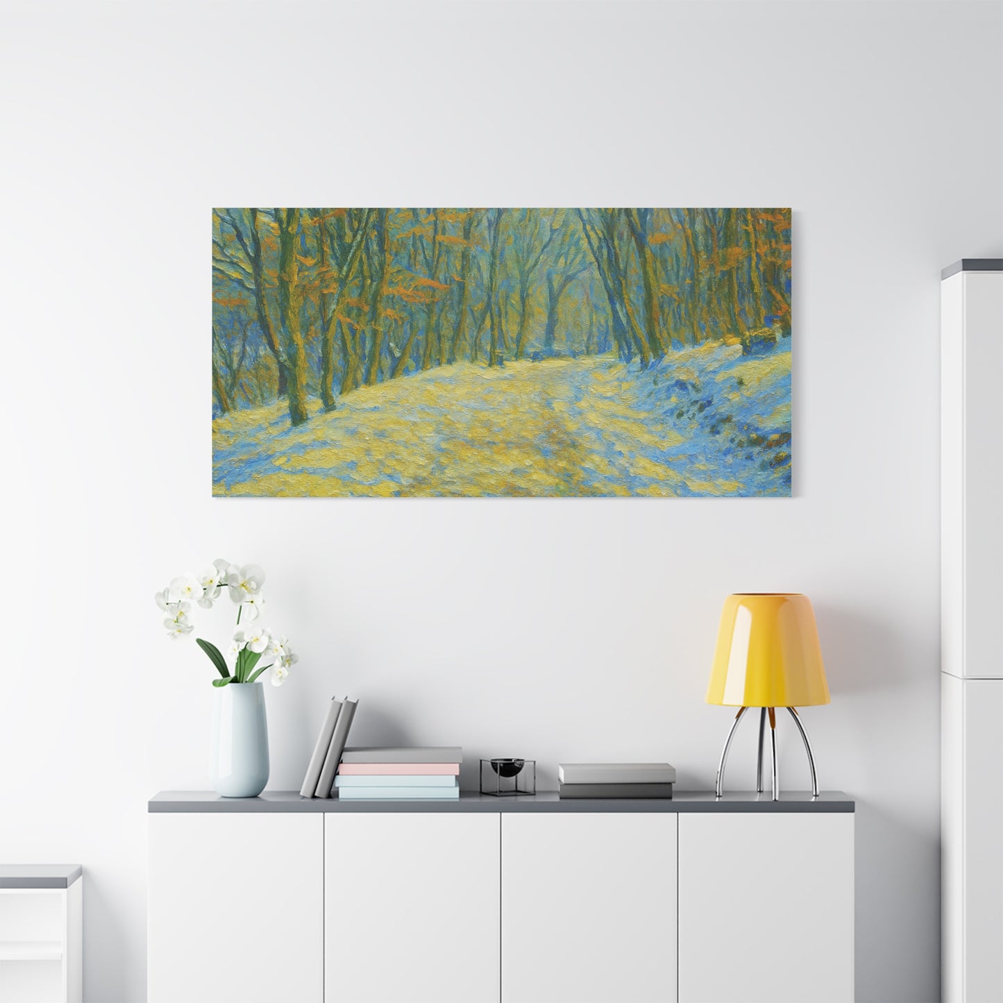 Winter landscape canvas wall art by Printify featuring a cozy nature scene, perfect for living room decor.