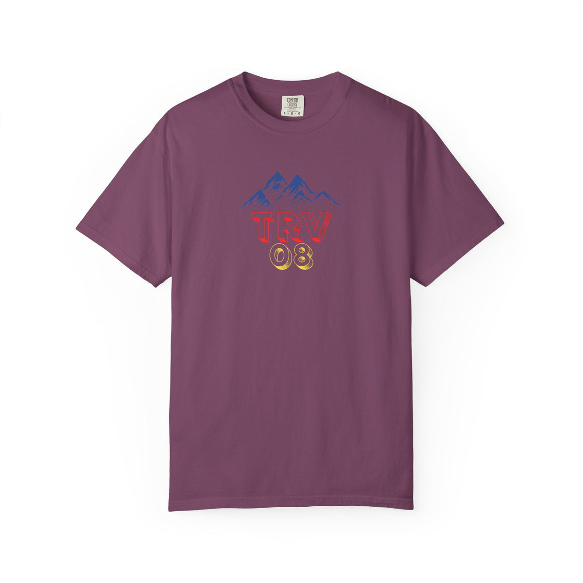 Unisex garment-dyed T-shirt with the TRV08 Logo printed on the front, made by Printify.