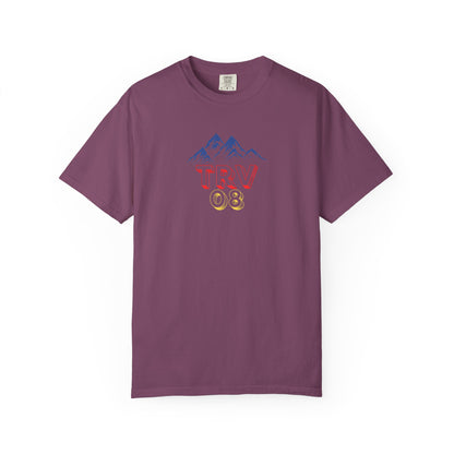 Unisex garment-dyed T-shirt with the TRV08 Logo printed on the front, made by Printify.