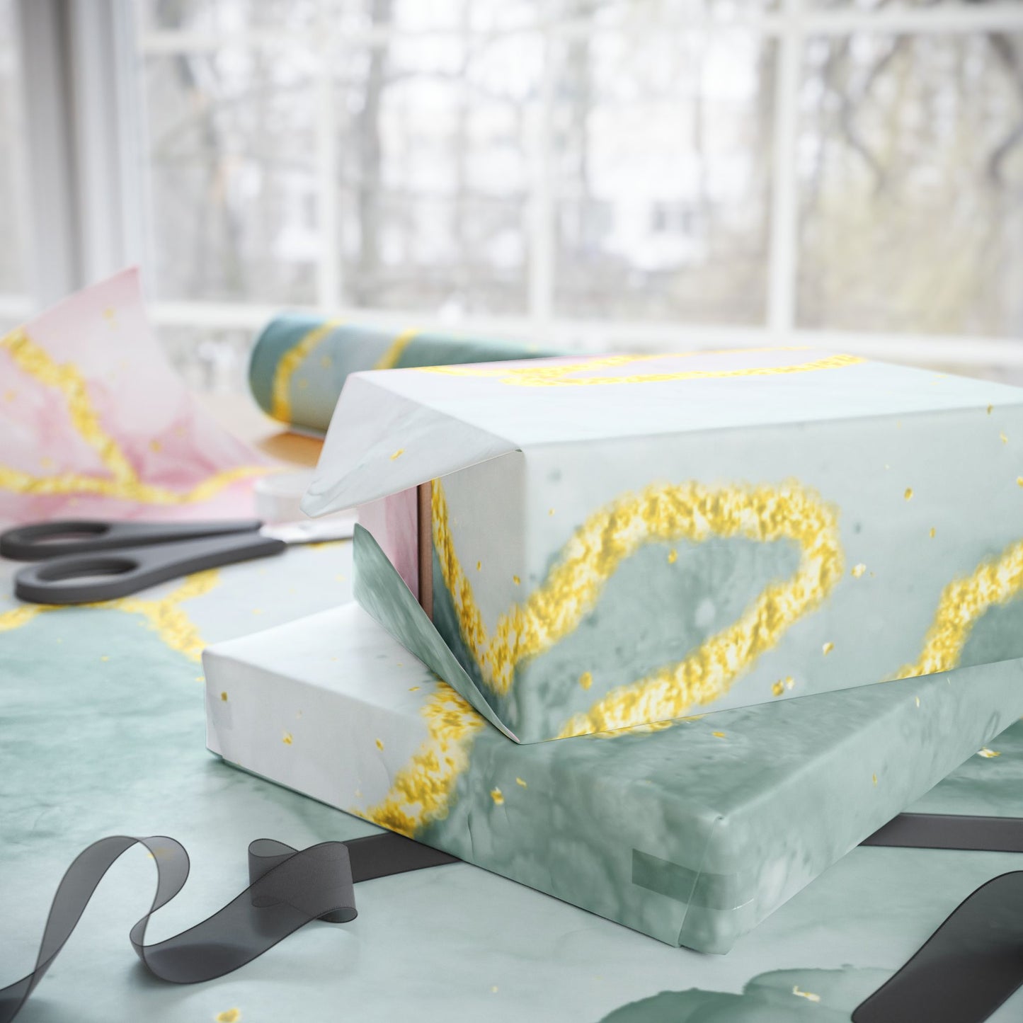 Marble Swirl Wrapping Paper Roll — Pink, Green & Gold Abstract Gift Wrap