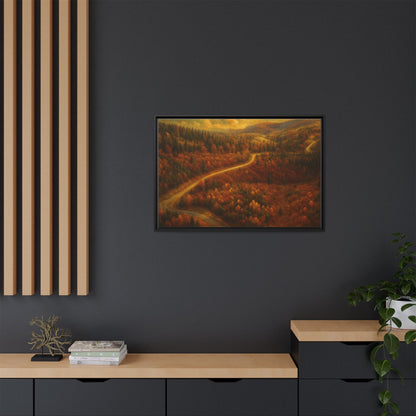 Framed matte canvas print of autumn forest road landscape wall art by Printify, showcasing vibrant fall colors and scenic nature scene.