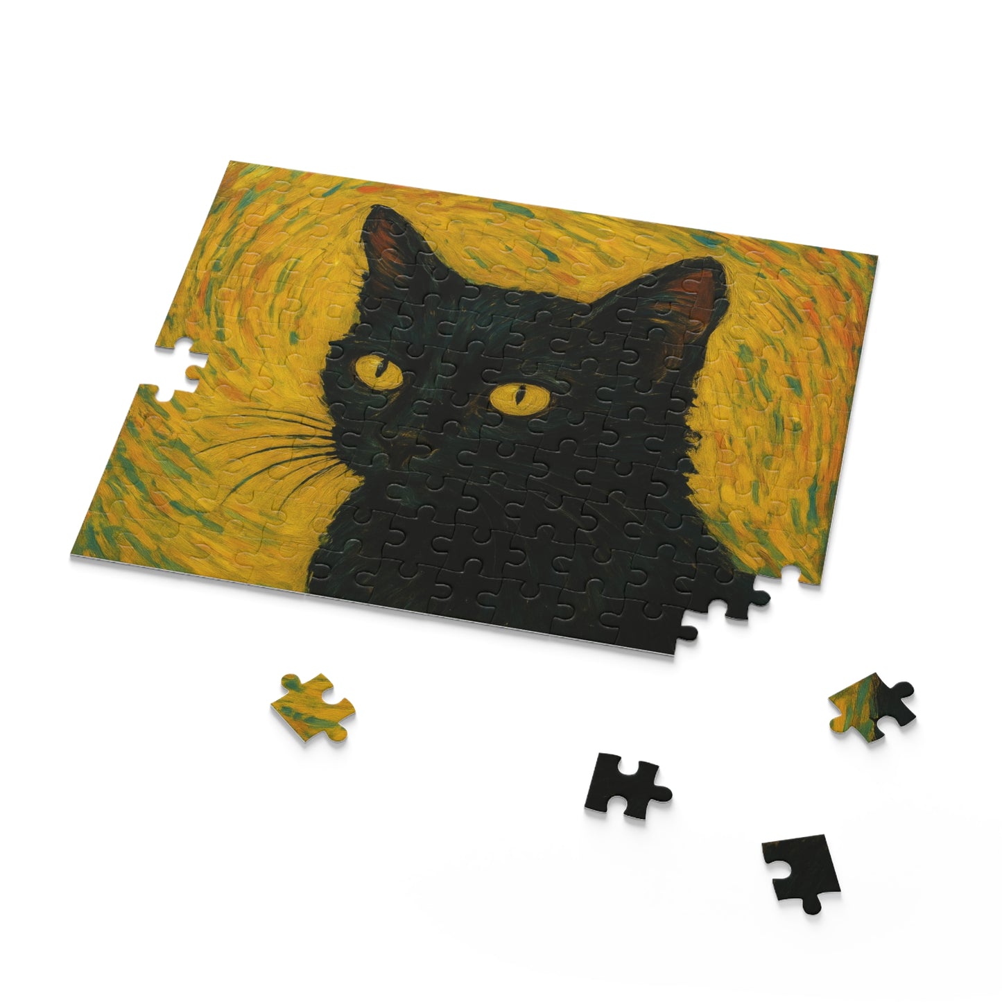 Black cat portrait puzzle by Printify, 120-500 piece custom photo puzzle featuring a detailed image of a black cat.