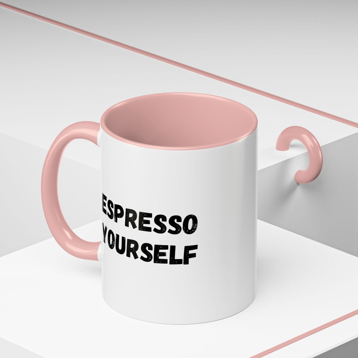 White ceramic Espresso Yourself accent coffee mug with humorous coffee lover design, available in 11 oz size.