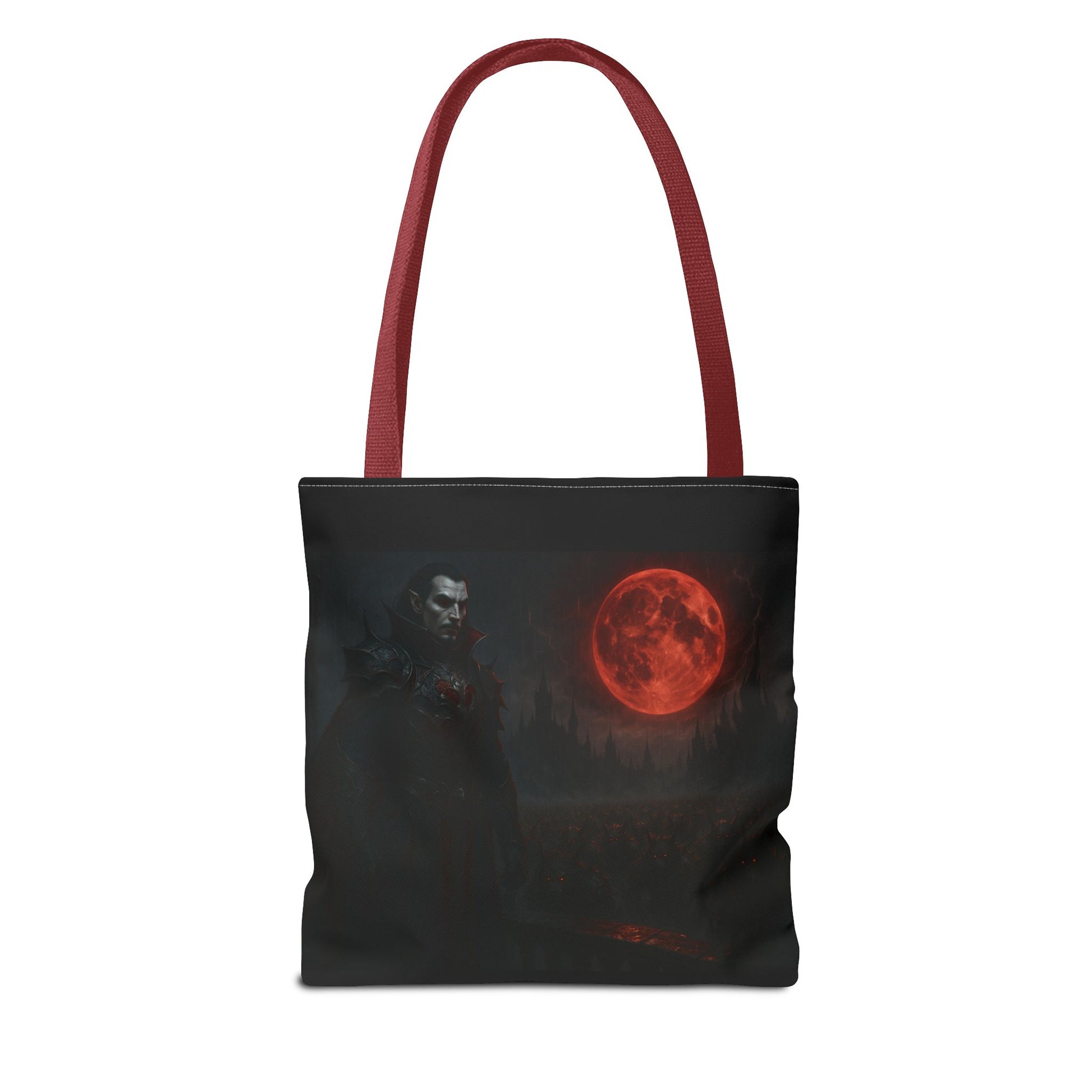 Gothic Dracula tote bag by Printify featuring moonlit vampire art, perfect for Halloween or gothic fashion accessories.