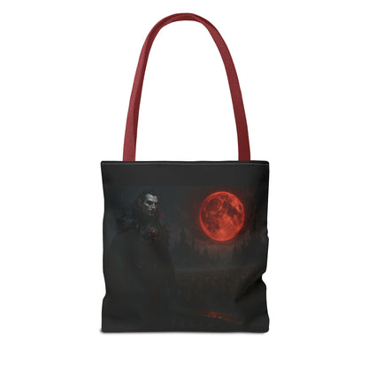 Gothic Dracula tote bag by Printify featuring moonlit vampire art, perfect for Halloween or gothic fashion accessories.