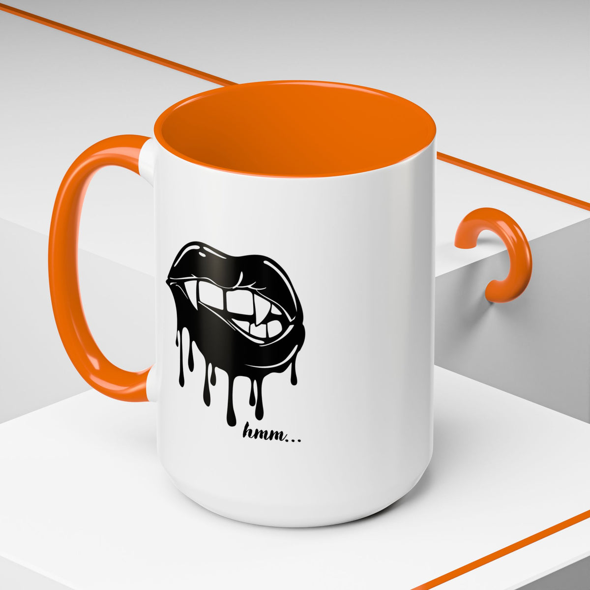 Black Dripping Lips Accent Coffee Mug with Bite graphic, 11oz or 15oz, by Printify, showcasing bold lip design on ceramic mug.