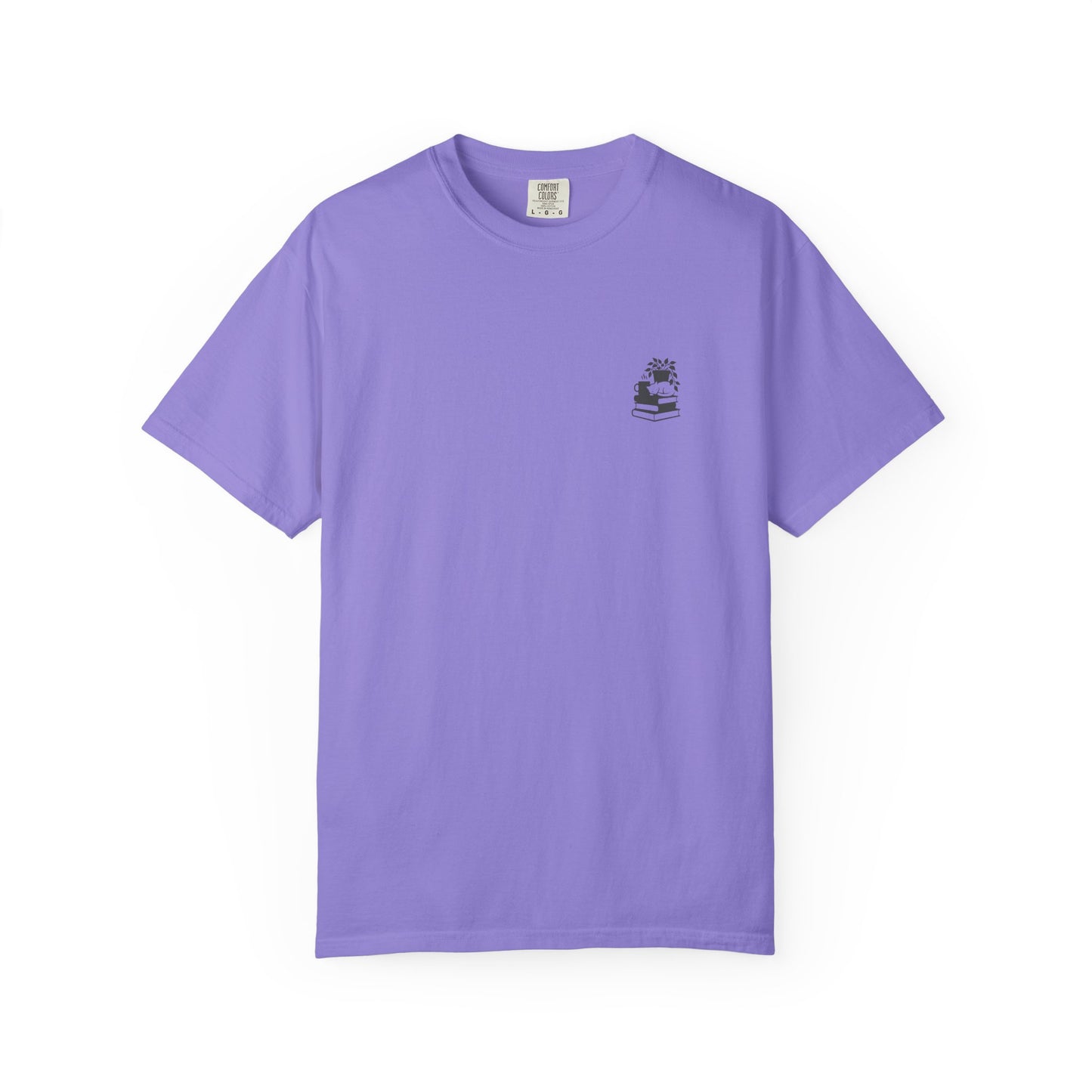 Cozy Cat on Books T-Shirt | Reading Tea Stack Illustration