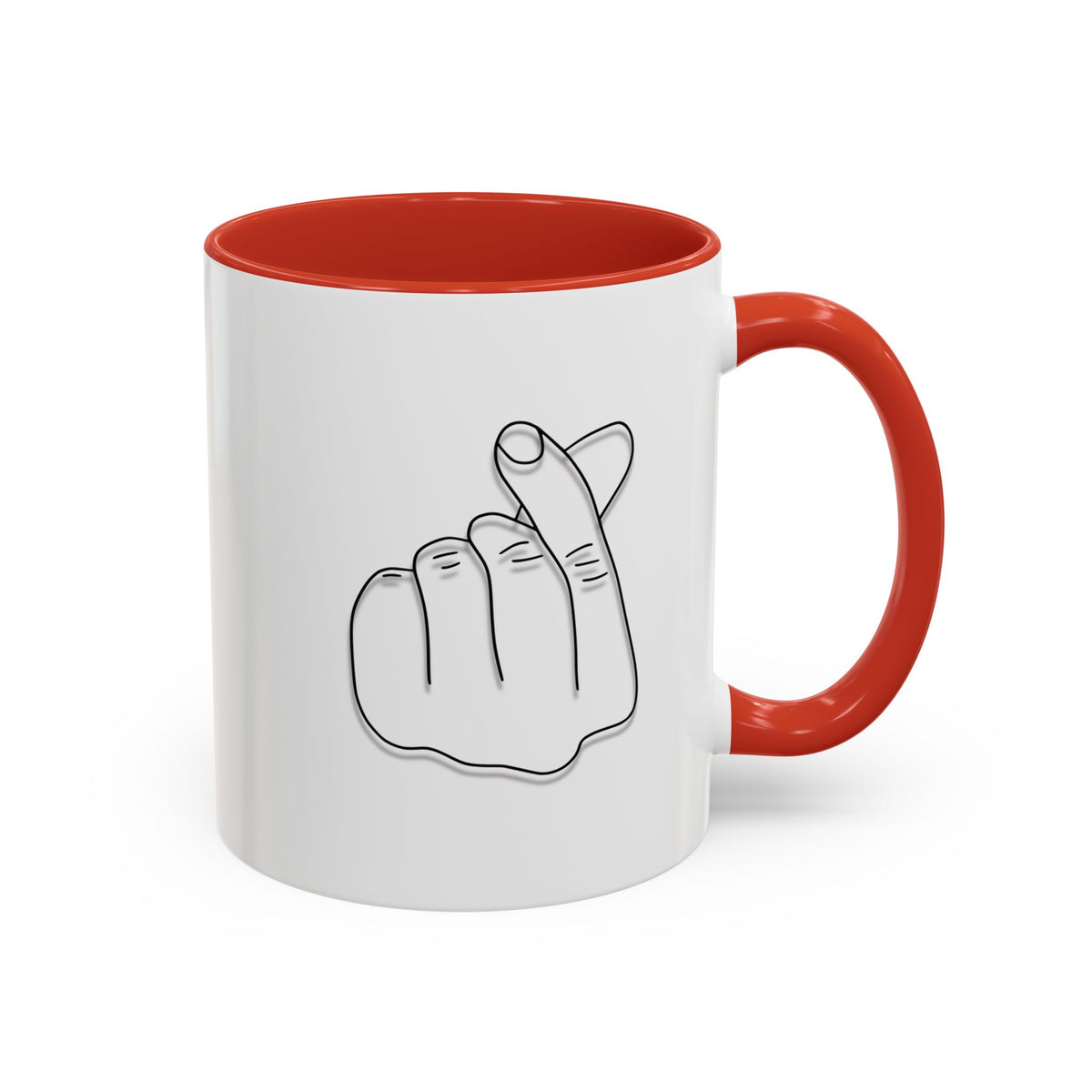 White ceramic coffee mug with minimal Korean finger heart accent design, available in 11oz and 15oz sizes.
