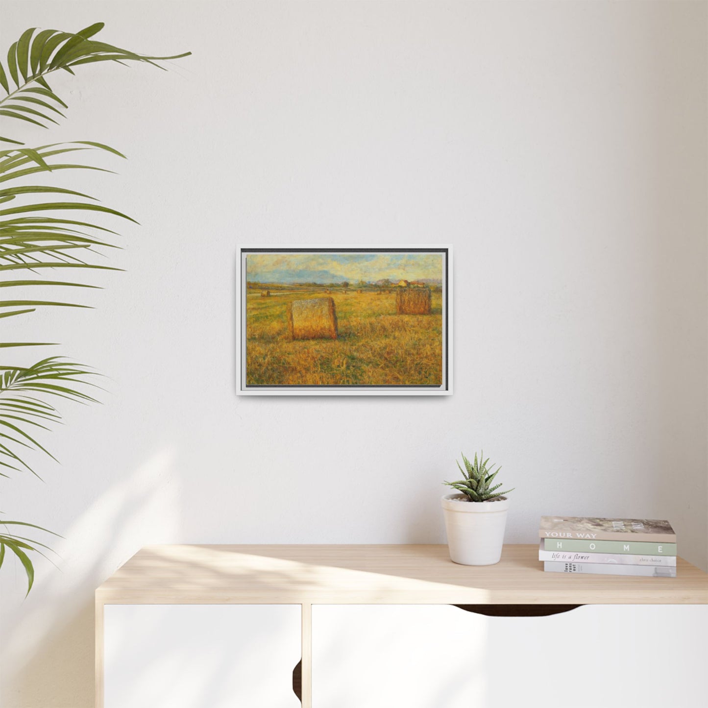 Framed matte canvas wall art featuring a rustic hayfield landscape print by Printify, perfect for farmhouse or country decor.