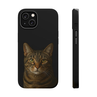 Tabby cat portrait phone case on iPhone, back view