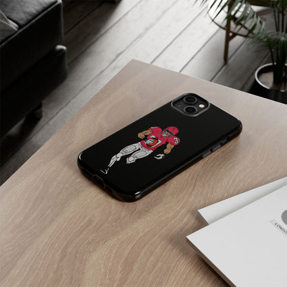 Black football player tough phone case for iPhone with sports-themed design, provides durable protection and a sleek look.