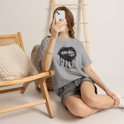 Graphic T-shirt by Printify featuring a dripping lips 'hmm...' bite design in black and white print on front.