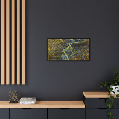 Framed matte canvas wall art of an autumn forest with a waterfall, showcasing vibrant fall colors and natural scenery.