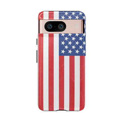American flag tough phone case for iPhone by Printify, featuring a durable patriotic design with bold red, white, and blue colors.