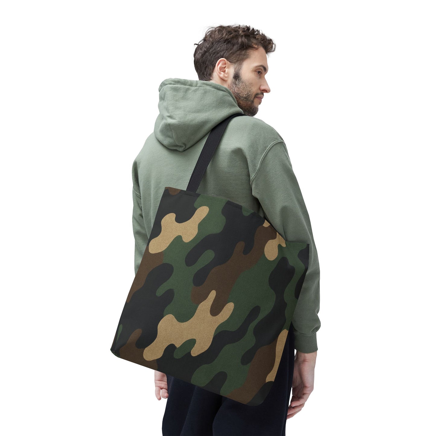 Camo pattern tote bag by Printify featuring all-over printed canvas carryall with sturdy handles and spacious interior.