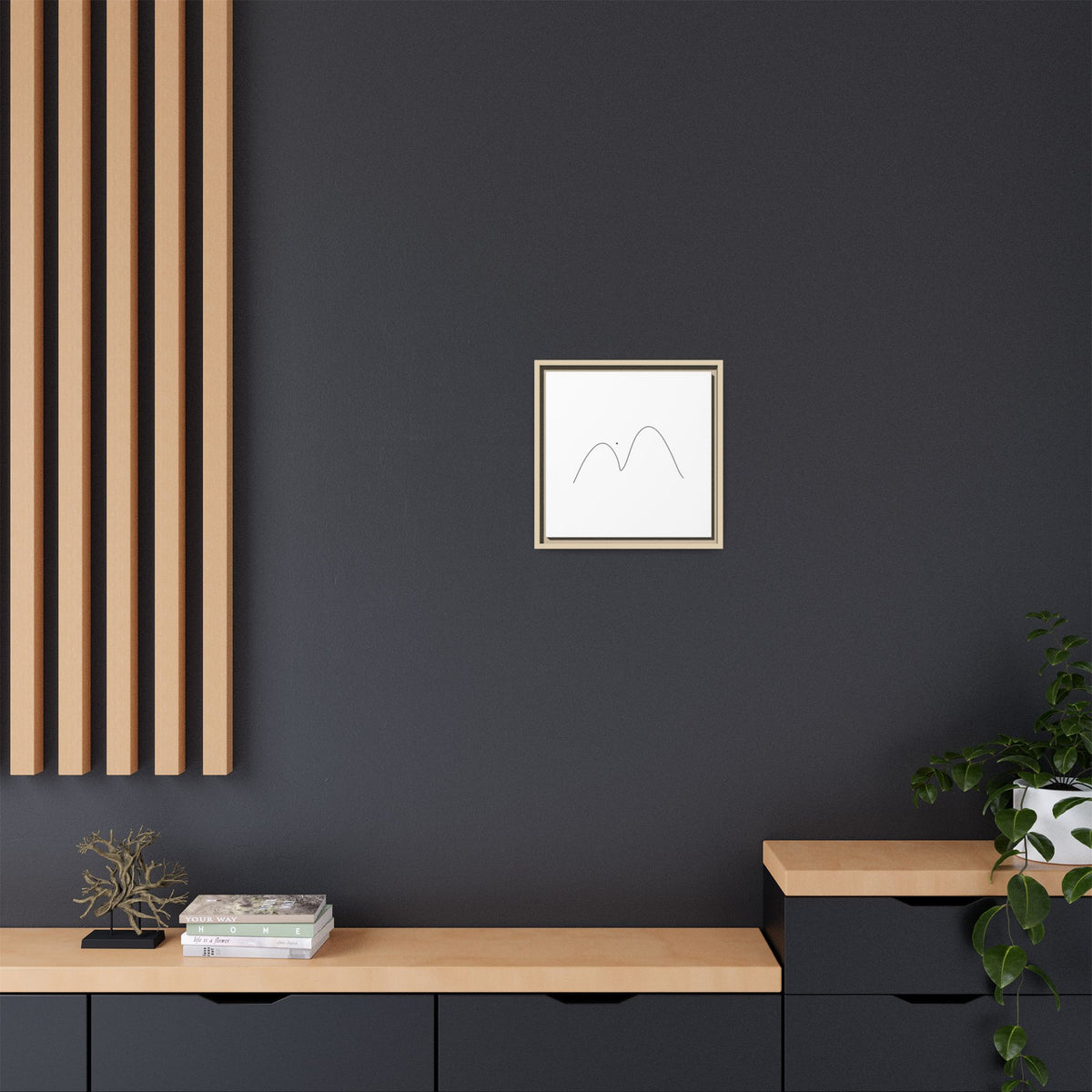 Minimalist mountain line art on framed matte canvas, modern wall decor by Printify featuring sleek, simple mountain outline design.