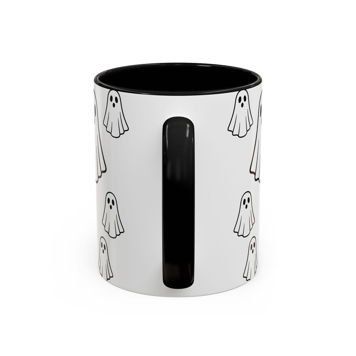 Printify ghost pattern ceramic coffee mug with cute Halloween ghost design, available in 11oz and 15oz sizes.