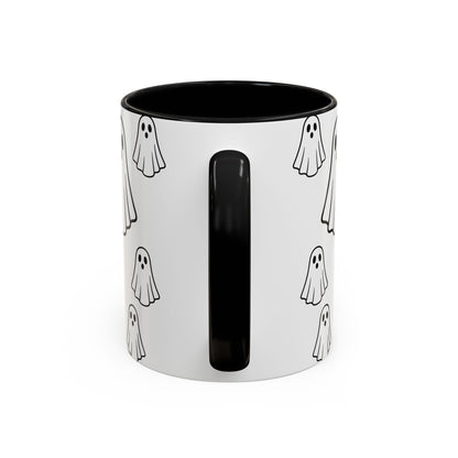 Printify ghost pattern ceramic coffee mug with cute Halloween ghost design, available in 11oz and 15oz sizes.