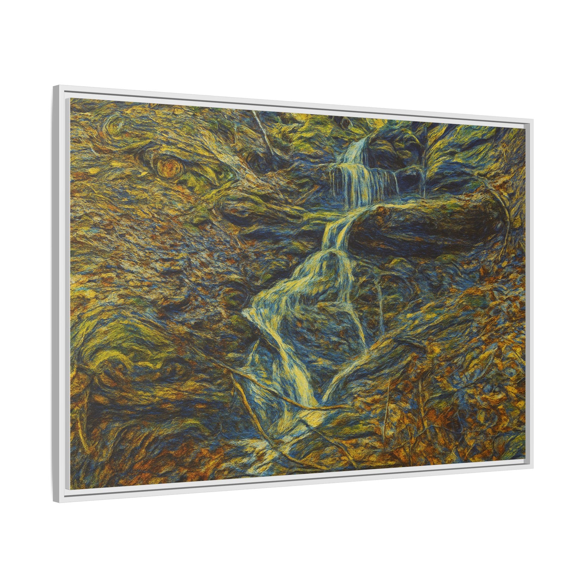 Framed matte canvas wall art of an autumn forest with a waterfall, showcasing vibrant fall foliage and natural scenery.