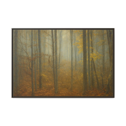 Framed matte canvas wall art of a misty autumn forest scene, featuring trees and soft natural colors by Printify.