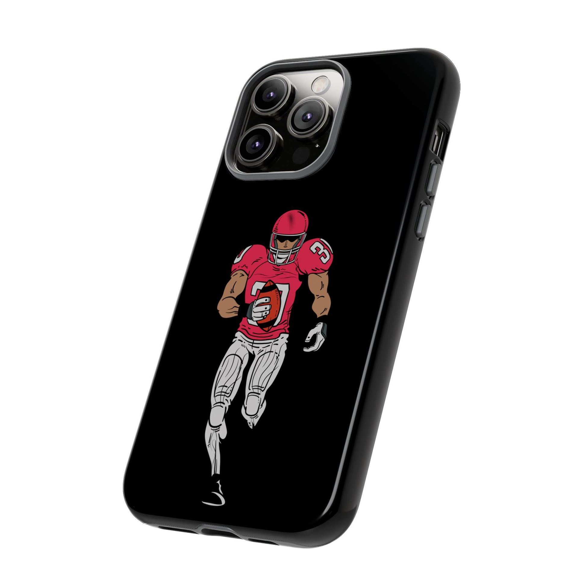 Black football player tough phone case for iPhone, protective sports-themed case by Printify, featuring athletic player design.