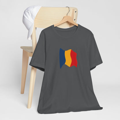 Romania flag T-shirt with a minimal waving tricolor design, made by Printify, featuring the Romanian national colors on soft fabric.